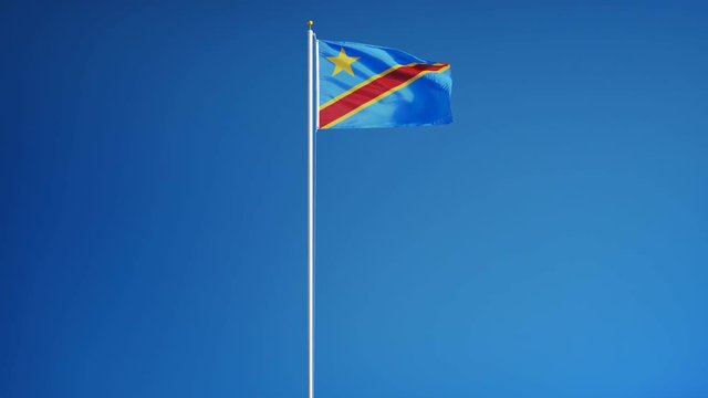 Democratic Republic of the Congo flag waving in slow motion against clean sky, seamlessly looped, long shot, isolated on alpha channel with black and white matte, for film, news, digital composition