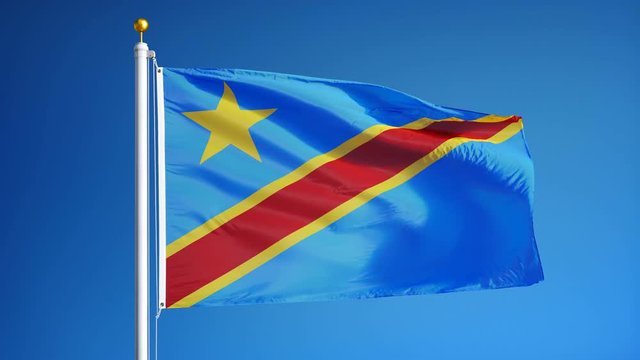 Democratic Republic of the Congo flag waving in slow motion against clean sky, seamlessly looped, close up, isolated on alpha channel with black and white matte, for film, news, digital composition