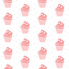 Pink cupcake seamless pattern. Sweet cake light cartoon texture design. Patisserie package and website background tileable design.