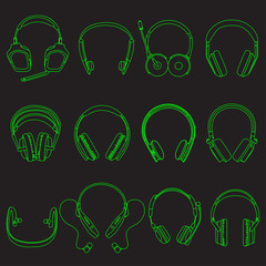Headphone linear neon Silhouettes Set on the black background,  vector illustration, eps 10.