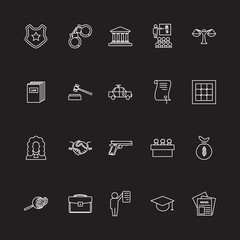 Set of black and white law and justice linear radial icons , The legal system, judge, police and lawyer
vector illustration
