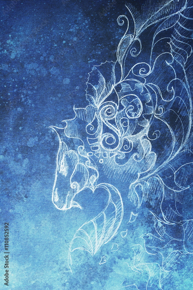 Poster drawing of ornamental dragon. computer collage and blue color structure. winter effect.