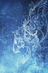 Drawing of ornamental dragon. computer collage and blue color structure. Winter effect.