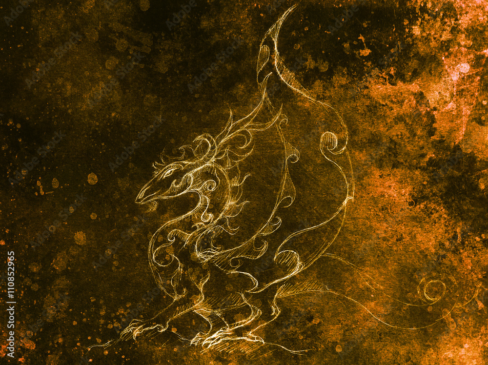 Poster drawing of ornamental dragon on old paper background computer collage. and color structure.