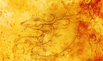 drawing of ornamental animal on old paper background  and sepia color structure.