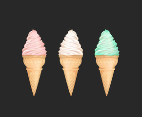 Retro Sorts of Ice Cream in a waffles cones isolated.