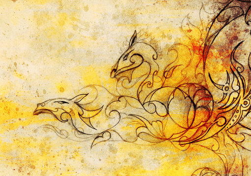 drawing of ornamental dragon on old paper background  and sepia color structure.