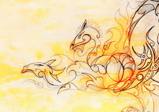drawing of ornamental dragon on old paper background  and sepia color structure.