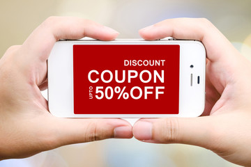 Coupon discount on smart phone screen, digital marketing - obrazy, fototapety, plakaty