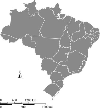 Brazil map vector outline with scales of miles and kilometers in gray background