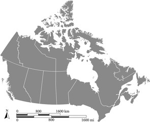 Canada map vector outline with scales of miles and kilometers in gray background