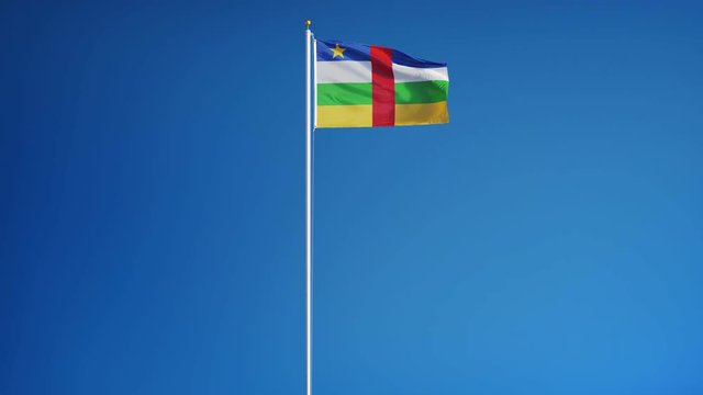 Central African Republic flag waving in slow motion against clean sky, seamlessly looped, long shot, isolated on alpha channel with black and white matte, perfect for film, news, digital composition