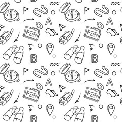 Navigation hand drawn doodles seamless pattern with car Navigator, binoculars, compass vector illustration