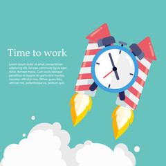 Time to work. Time is running out. Clock on the Rocket soaring up .Vector Design
