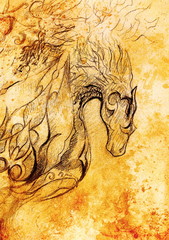 drawing of ornamental animal on old paper background  and sepia color structure.