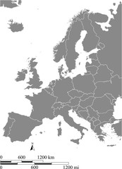 Europe map vector outline with scales of miles and kilometers in gray background