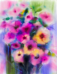 Fototapeta premium Abstract floral watercolor painting. Hand paint White, Yellow, Pink and Red color of daisy- gerbera flowers in soft color on blue- green color background.Spring flower seasonal nature background