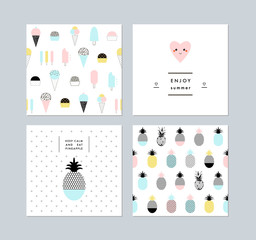 Set of creative trendy art posters plus seamless patterns with ice cream and pineapples