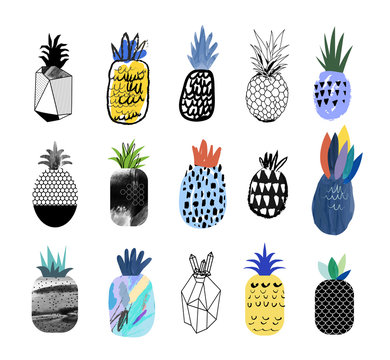 Collection of cute pineapples with different textures. Vector. 