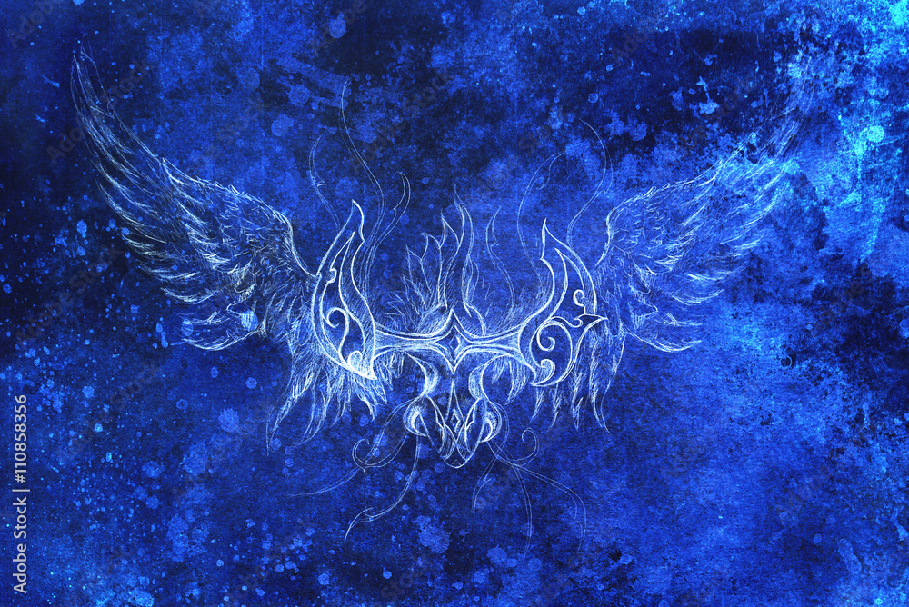 Poster drawing of ornamental phoenix. computer collage and blue color structure. winter effect.
