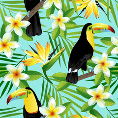 Tropical birds and palm leaves seamless background. Vector. © Angelina Bambina