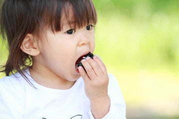 おにぎりを食べる幼児(1歳児)