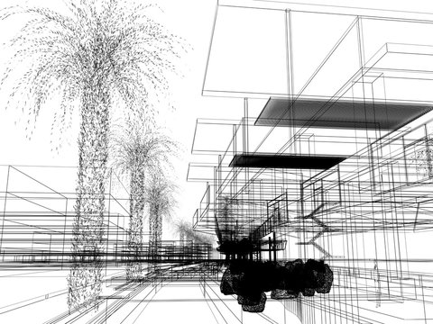 sketch design of urban ,3dwire frame render