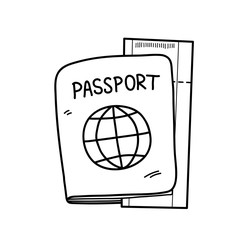 Passport, a hand drawn vector doodle illustration of a passport and a plane ticket.
