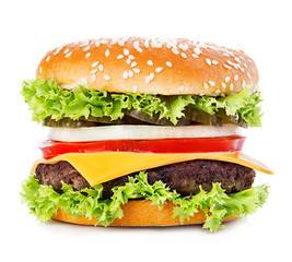 Big burger, hamburger, cheeseburger close-up isolated on a white background.