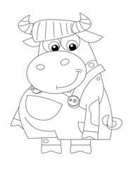 Cartoon happy cow - standing and smiling - dressed - isolated - coloring page - illustration for children