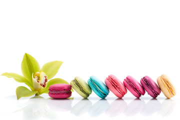 Colorful macarons line and Cymbidium orchid isolated on white ba