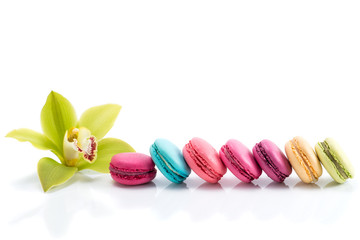 Colorful macarons line and Cymbidium orchid isolated on white ba