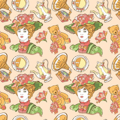 Vintage pattern. Young Lady in her hat, teddy bear, gramophone, tea set and flowers. Vector seamless pattern (background).