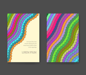 Business card with vivid lines pattern. Psychedelic vector frame template, invitation with place for your text. Flyer layout