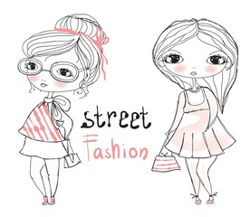 Cute romantic fashion girls with bags. Street fashion for girls