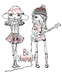 Cute romantic fashion girls. Be yourself lettering 