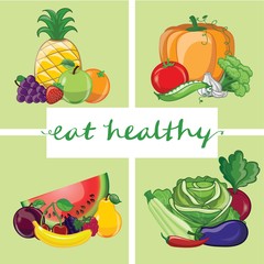 Eat healthy. Banner with hand-lettering eat healthy text on green background with different fruits and vegetables - vector illustration