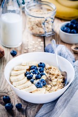 Breakfast: oatmeal with bananas, blueberries, chia seeds and almonds