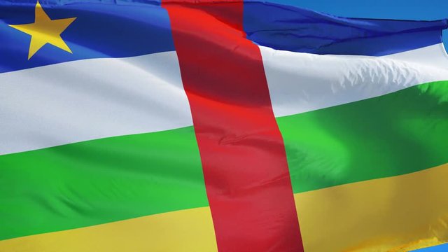 Central African Republic flag waving in slow motion against clean sky, seamlessly looped, close up, isolated on alpha channel with black and white matte, perfect for film, news, digital composition