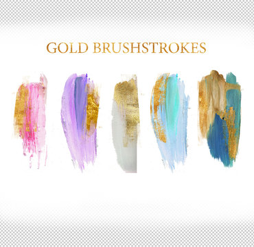 Set Of Pastel Tone Brushstrokes With Glitter Gold