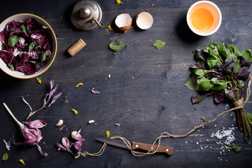 Healthy organic food background, salad radicchio with garden basil, egg and garlic. Copy space, overhead view.