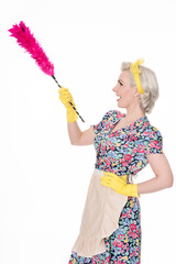 Retro housewife, with feather duster, isolated on white