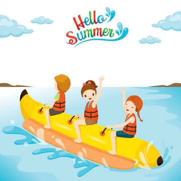 Children Having Fun On Banana Boat, Summer, Beach, Swimming, Sea, Vacations, Holiday, Trips, Travel, Transportation, Relationship, Lifestyle, Activity