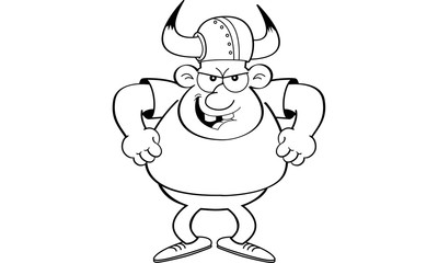 Black and white illustration of an angry man wearing a viking helmet.