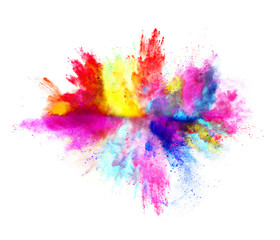 Explosion of colored powder on white background