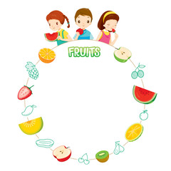 Children And Fruits Objects Icons On Circle Frame, Tropical Fruits, Healthy Eating, Food, Juice