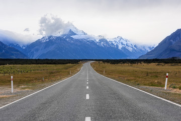 Road to mount Cook, Southern Alps, New Zealand