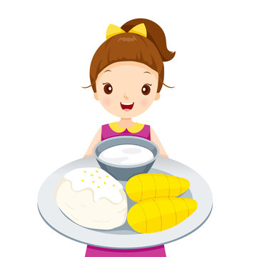 Girl Showing Mango With Sticky Rice, On Dish, Tropical Fruits, Healthy Eating, Food, Juice