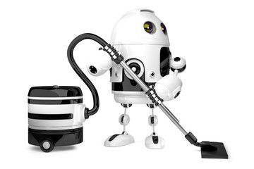 Cute Robot with vacuum cleaner. Isolated. 3D illustration. Conta