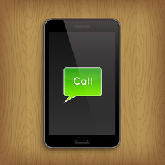 Green text bubble with 'Call' in phone. Realistic vector illustration. Message in phone screen